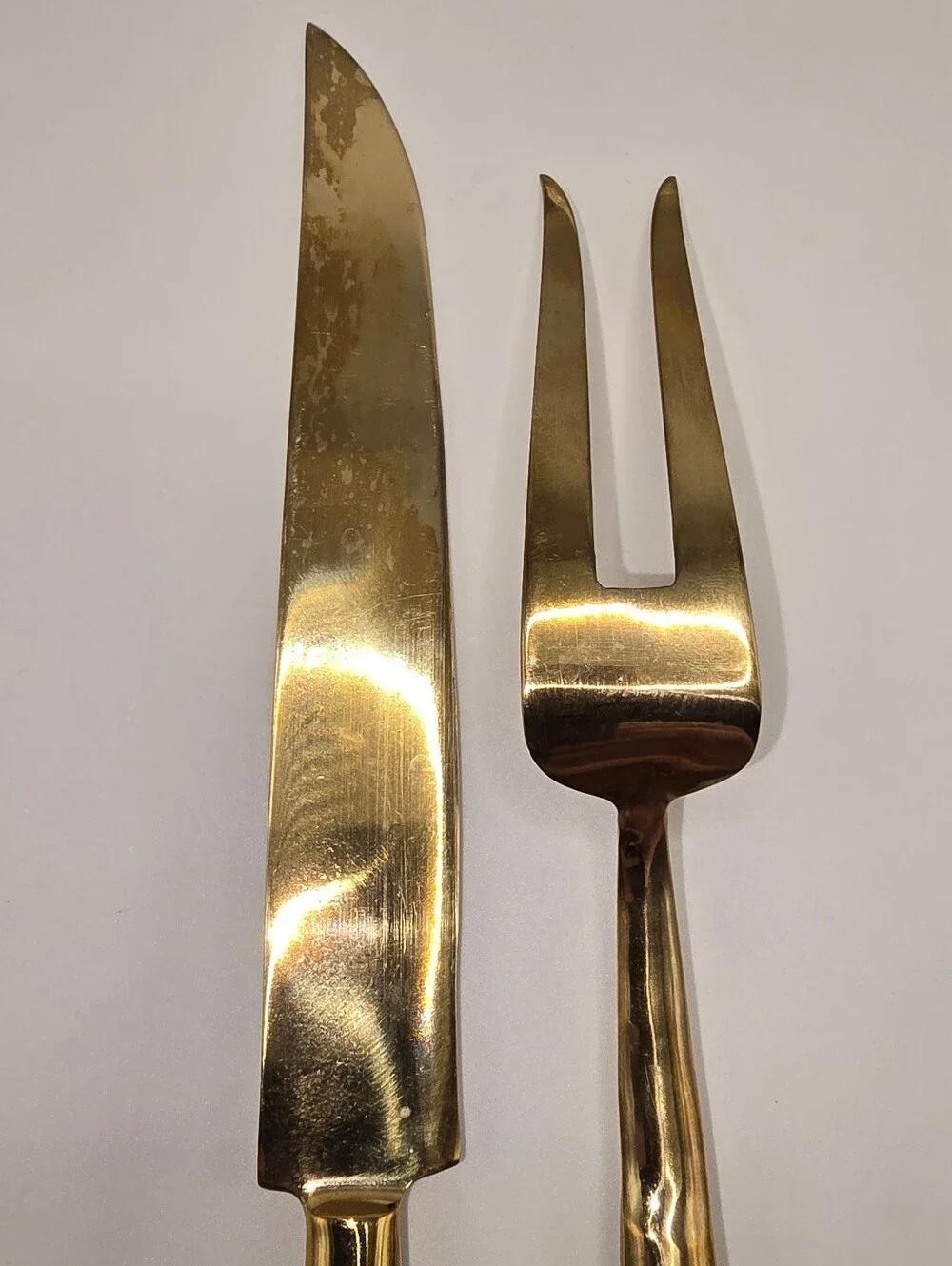 Mid-century Carving Knife & Fork Set Brass/Bronze Alloy with Teak Wood Handle